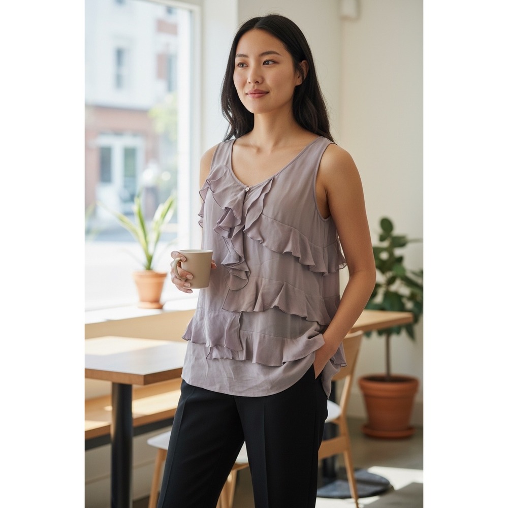 Halogen Silk Tiered Ruffle Sleeveless Blouse Misty Mauve V-Neck Top NWT Sz M
